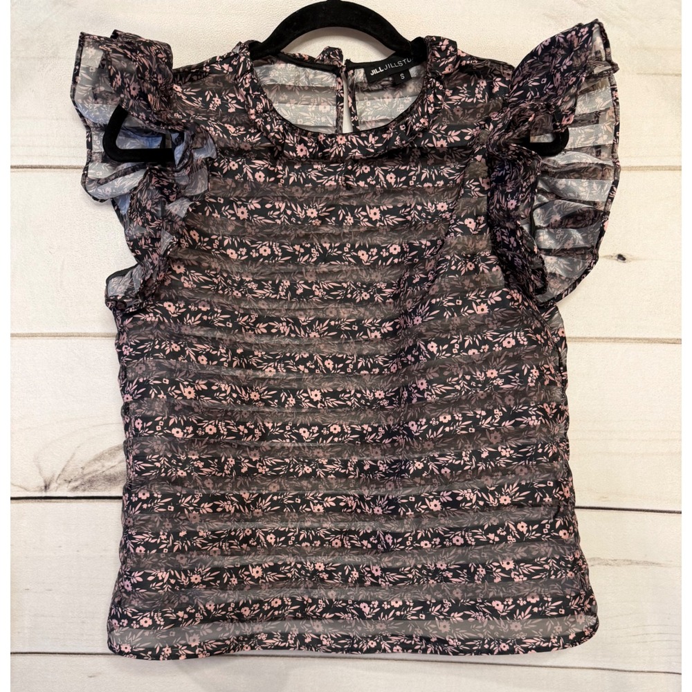 Jill Jill Stuart Black Pink Sheer Floral Ruffle Cap Sleeve‎ Blouse JSM200050 S